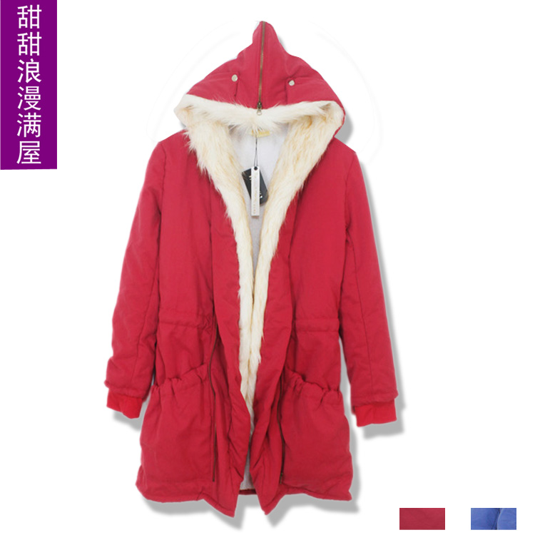 2013 autumn and winter 376792 large fur collar with a hood full berber fleece liner thermal long design wadded jacket outerwear