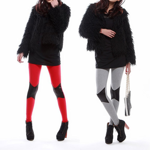 2013 autumn and winter combed cotton high waist symmetrical patchwork faux leather body shaping ankle length legging trousers