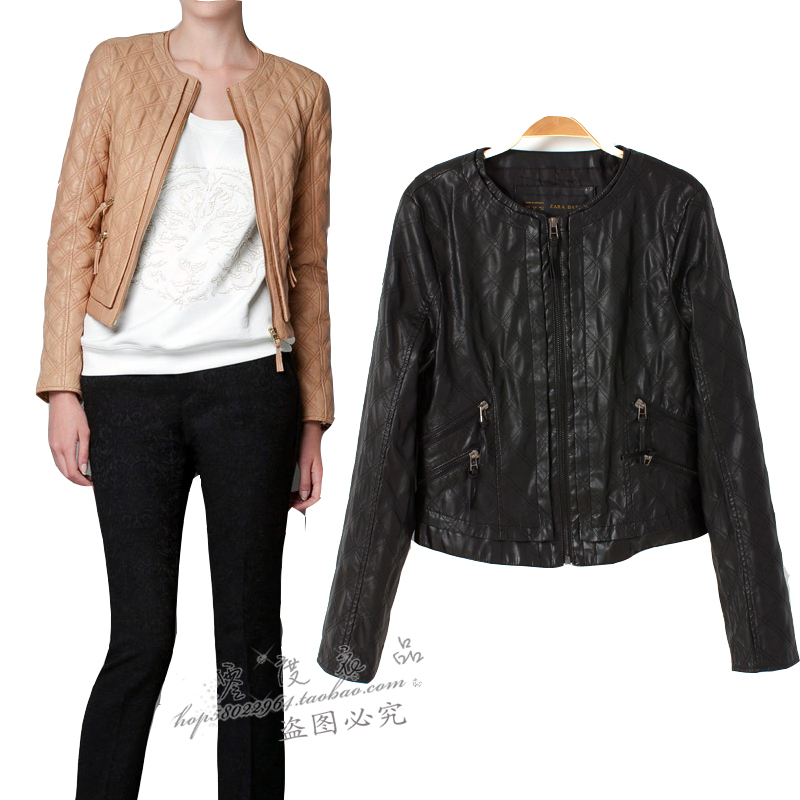 2013 autumn and winter fashion slim handsome dimond plaid leather clothing zipper design o-neck short outerwear leather jacket