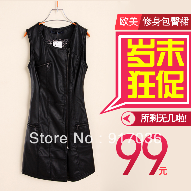 2013 autumn and winter fashion women's oblique zipper slim hip skirt PU one-piece dress leather  tank  short