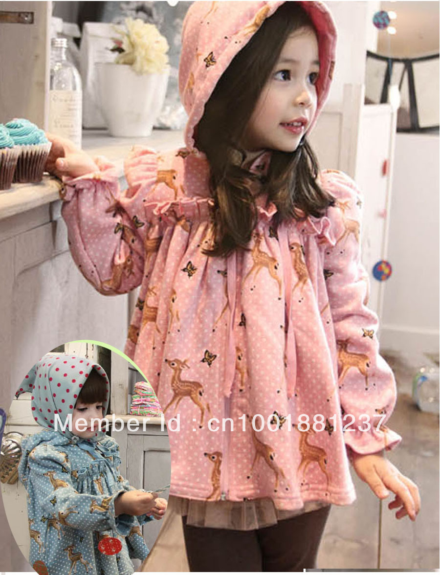 2013 Autumn And Winter Female Child Baby Dot onta With A Hood Thickening Fleece Outerwear Trench Overcoat
