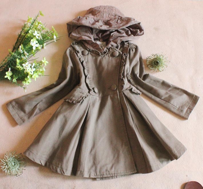 2013 autumn and winter female child cotton trench dress overcoat lace decoration cap detachable