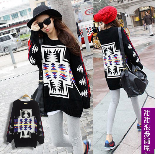 2013 autumn and winter h10024 casual all-match fashion street color block decoration computer embroidered medium-long sweater