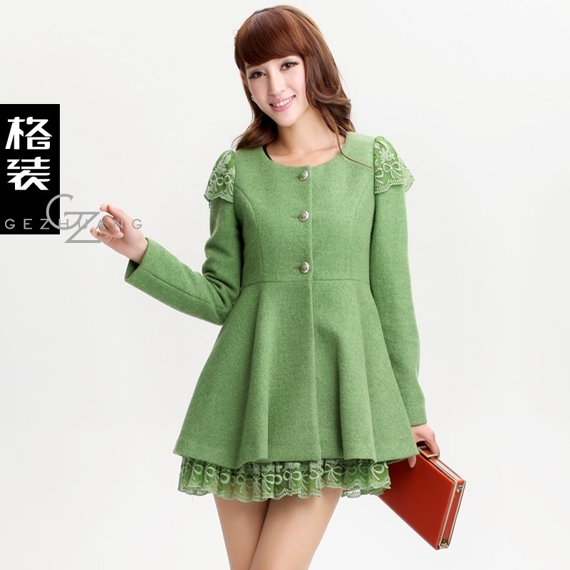 2013 autumn and winter long design wool coat slim trench female lace woolen outerwear m15