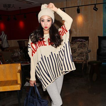 2013 autumn and winter multicolour letter stripe loose women's plus size knitted sweater outerwear