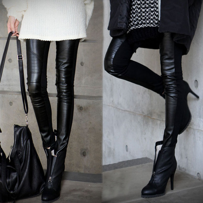 2013 autumn and winter new arrival personalized women's patchwork leather  slim elastic waist legging trousers free shipping