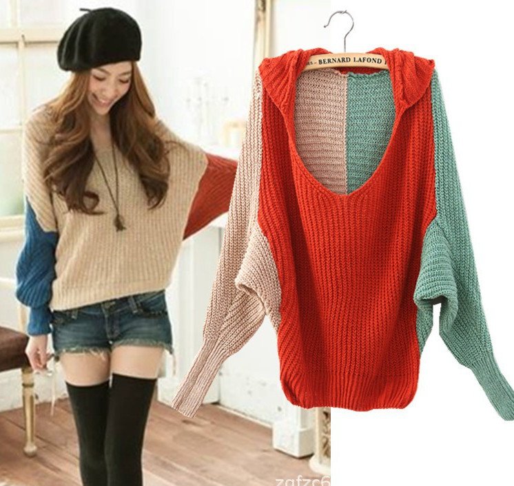 2013 autumn and winter new female Korean version of the V-neck hooded jacket head mixed colors loose big yards sweater