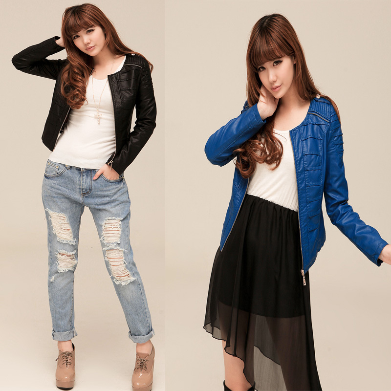 2013 autumn and winter popular elegant cool regular style o-neck slim leather clothing PU women's leather coat