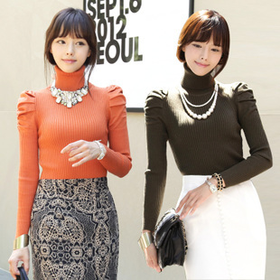 2013 autumn and winter puff sleeve basic sweater medium-long solid color slim sweater Free Shipping