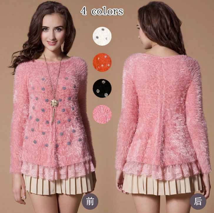 2013 autumn and winter sweet princess 8953t flock printing small rabbit fur velvet lace decoration sweater outerwear