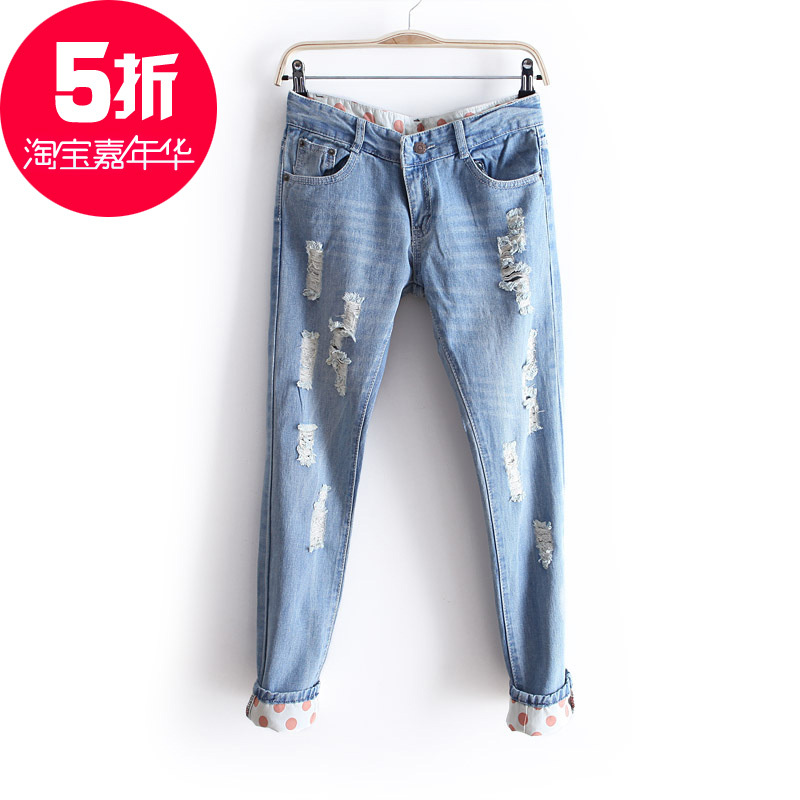 2013 autumn and winter water wash white hole roll-up hem denim skinny pants pencil pants female wk1027 free shipping