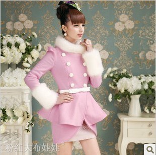 2013 Autumn and winter white fur collar elegant double tight thick woolen long overcoat outerwear