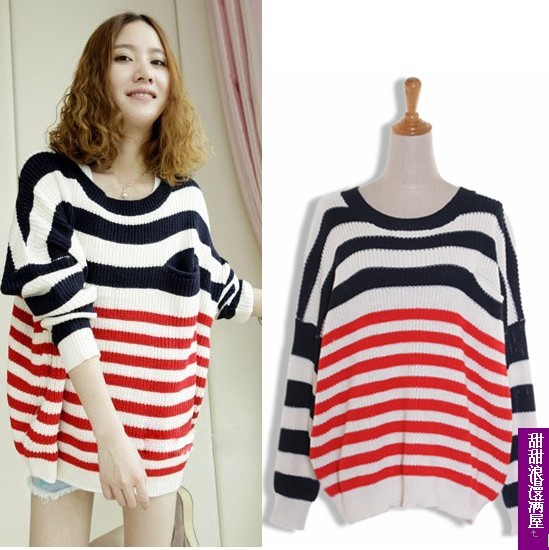 2013 autumn and winter women 020003 personality stripe loose sweater outerwear