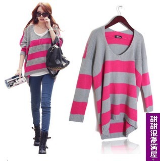2013 autumn and winter women 020436 loose personality stripe medium-long sweep sweater outerwear