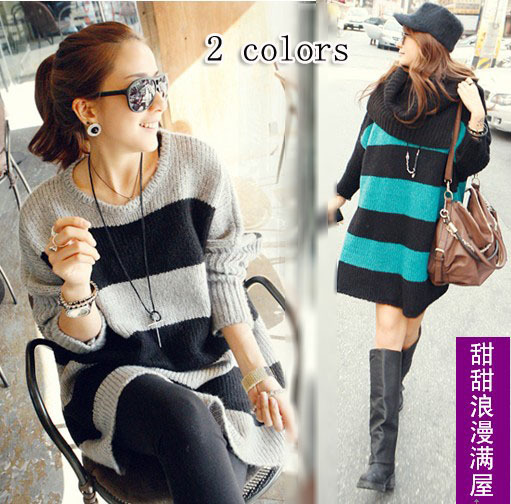 2013 autumn and winter women 028602 casual stripe loose medium-long sweater dress high quality