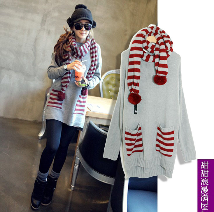 2013 autumn and winter women 20419 casual all-match loose long design stripe sweater scarf