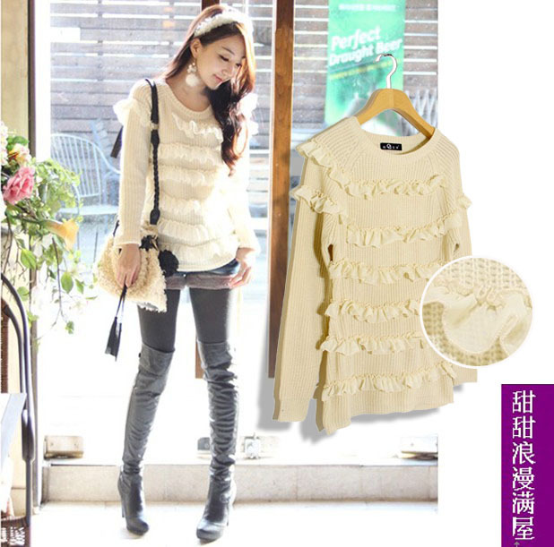 2013 autumn and winter women 21014 sweet princess slim all-match ruffle decoration sweater
