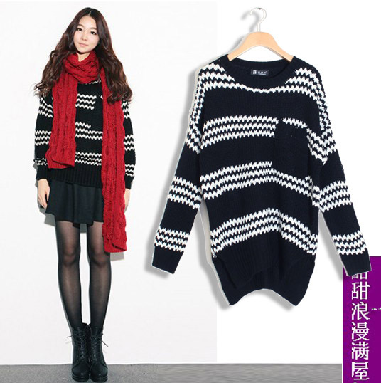 2013 autumn and winter women 21435 casual all-match black and white stripe pocket loose sweater outerwear