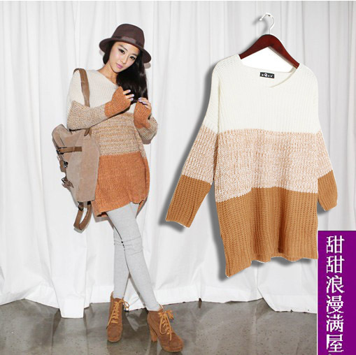 2013 autumn and winter women 22046 casual all-match o-neck long-sleeve color block decoration loose sweater outerwear