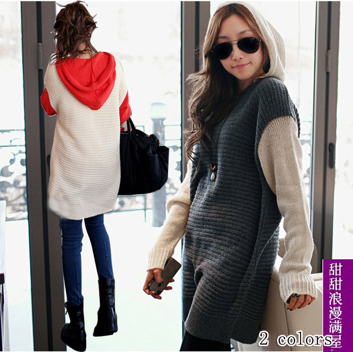 2013 autumn and winter women 24419 casual with a hood color block decoration design long sweater outerwear