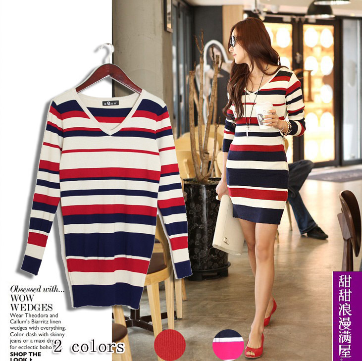2013 autumn and winter women 2481 fashion slim stripe long-sleeve knitted one-piece dress