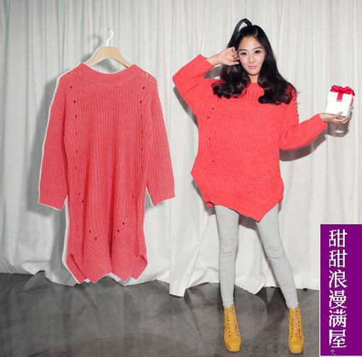 2013 autumn and winter women 27246 casual long design irregular loose sweater outerwear red