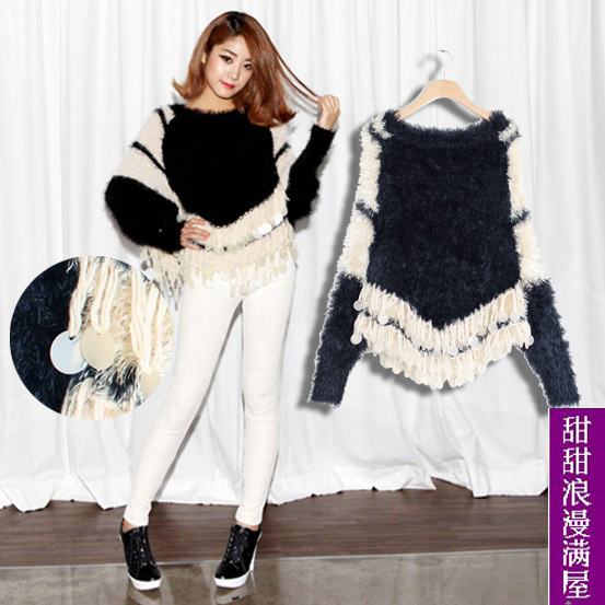 2013 autumn and winter women 27335 pine wool loose batwing sleeve tassel paillette sweater outerwear