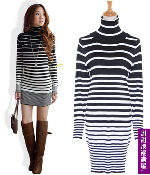 2013 autumn and winter women 2861 stripe slim long sleeve length turtleneck knit sweater dress