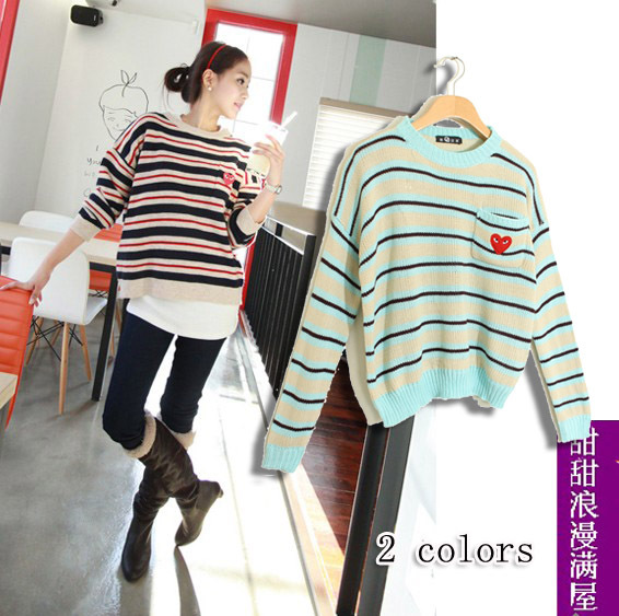 2013 autumn and winter women 29046 casual all-match stripe o-neck long-sleeve sweater pocket outerwear
