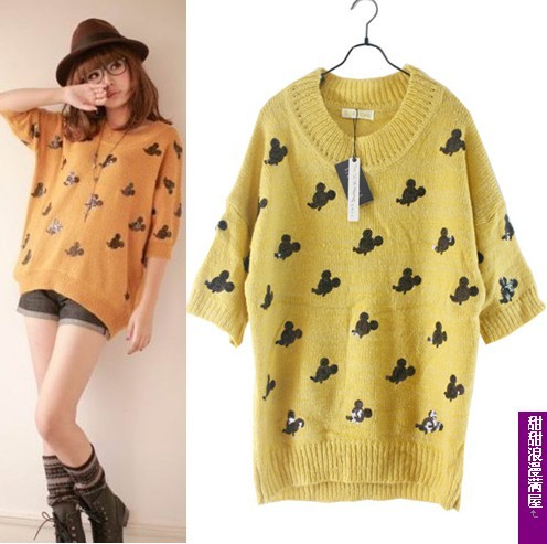 2013 autumn and winter women 371319 paillette MICKEY MOUSE pattern yellow sweater high quality