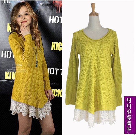 2013 autumn and winter women 372519 V-neck lace decoration slim twisted sweater dress