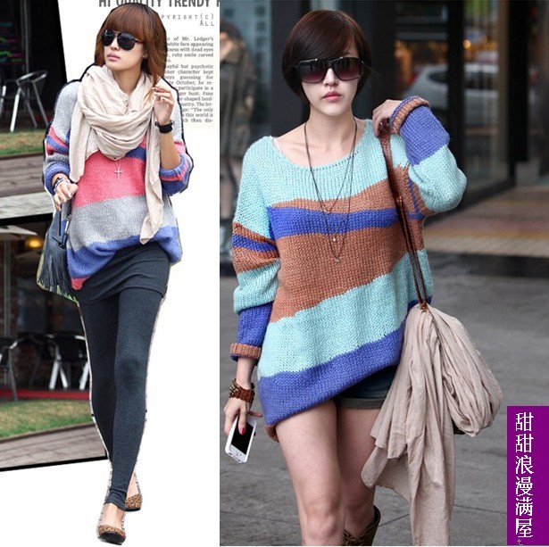 2013 autumn and winter women 3735004 all-match color block decoration multicolour medium-long pullover sweater outerwear