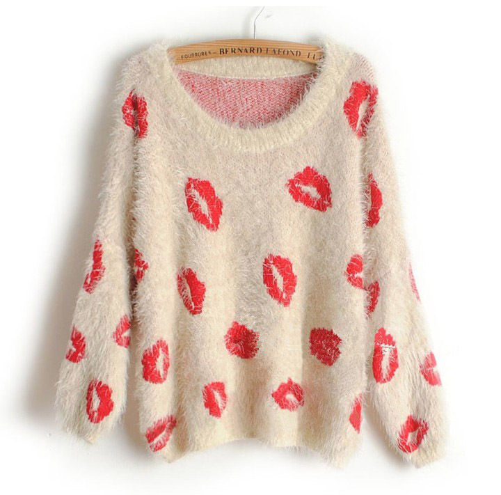 2013 autumn and winter women 44201 ultra soft red lips o-neck sweater