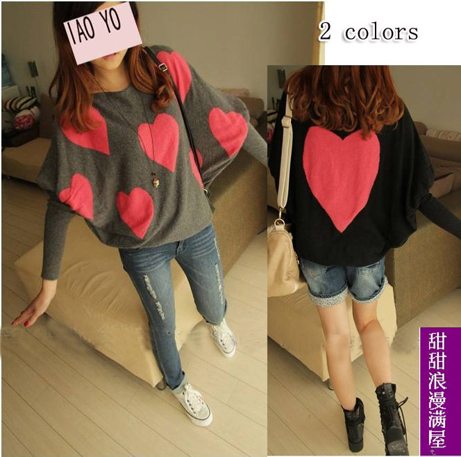 2013 autumn and winter women 463819 casual all-match sweet heart batwing sleeve loose sweater
