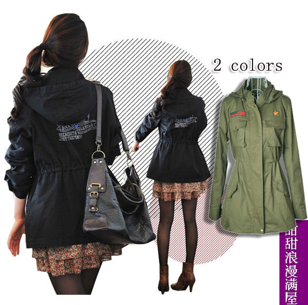 2013 autumn and winter women 466104 medium-long Army Green tooling trench outerwear high quality
