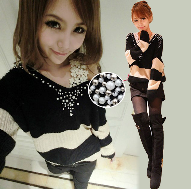 2013 autumn and winter women 525367 elegant handmade beading V-neck loose stripe sweater outerwear