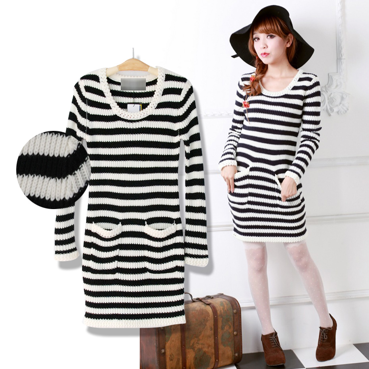 2013 autumn and winter women 72038 sweet black and white stripe hook laciness design long sweater dress