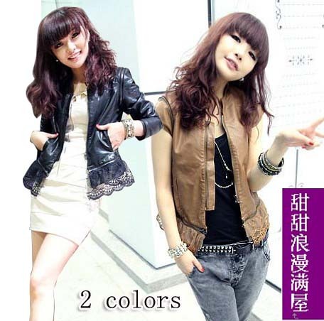 2013 autumn and winter women 862051 slim elegant lace decoration leather clothing coat