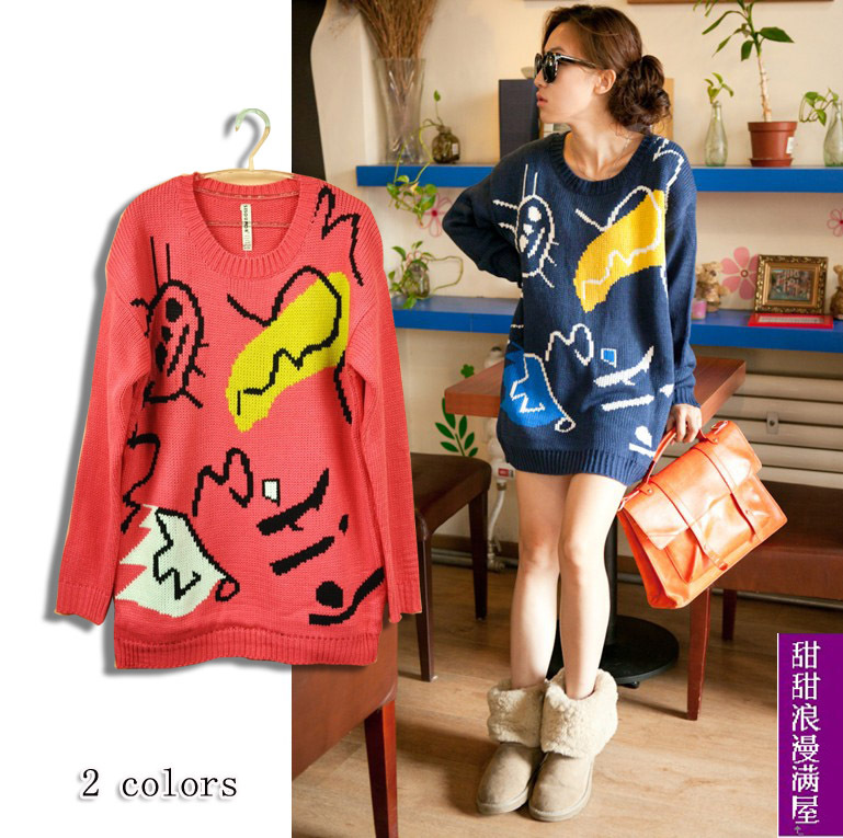 2013 autumn and winter women 891802 casual all-match loose medium-long doodle multicolour sweater outerwear