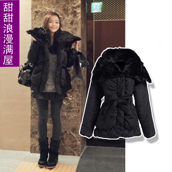 2013 autumn and winter women 9033 loose high quality fur collar detachable belt wadded jacket cotton-padded jacket