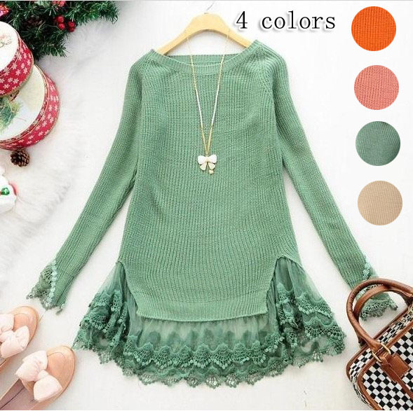 2013 autumn and winter women 92113 sweet princess lace decoration patchwork medium-long sweater dress