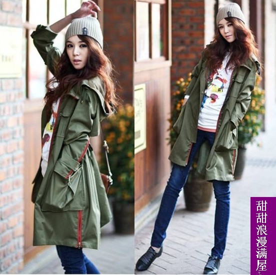 2013 autumn and winter women 9461 drawstring casual fashion slim waist pocket Army Green trench outerwear