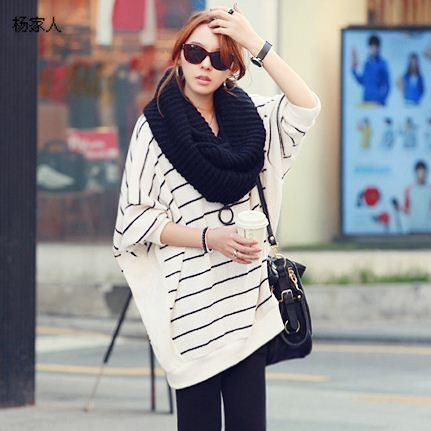 2013 autumn and winter women all-match stripe color block decoration knitted loose medium-long sweater plus size sweater
