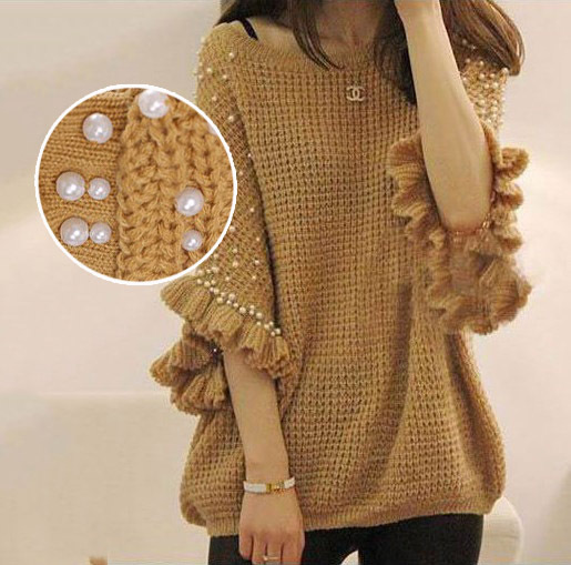 2013 autumn and winter women b3267 sweet pearl ruffle hem half sleeve sweater