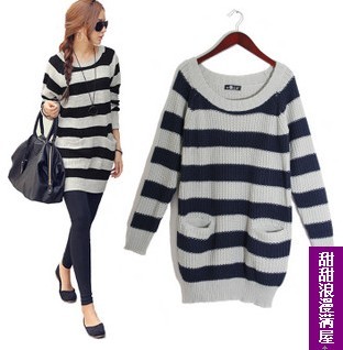 2013 autumn and winter women casual stripe medium-long 021543 loose sweater dress high quality