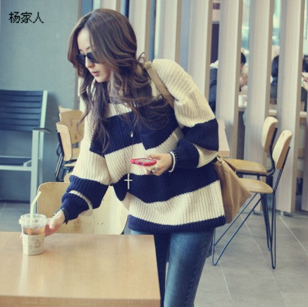 2013 autumn and winter women chest pocket wide stripe loose style pullover casual sweater