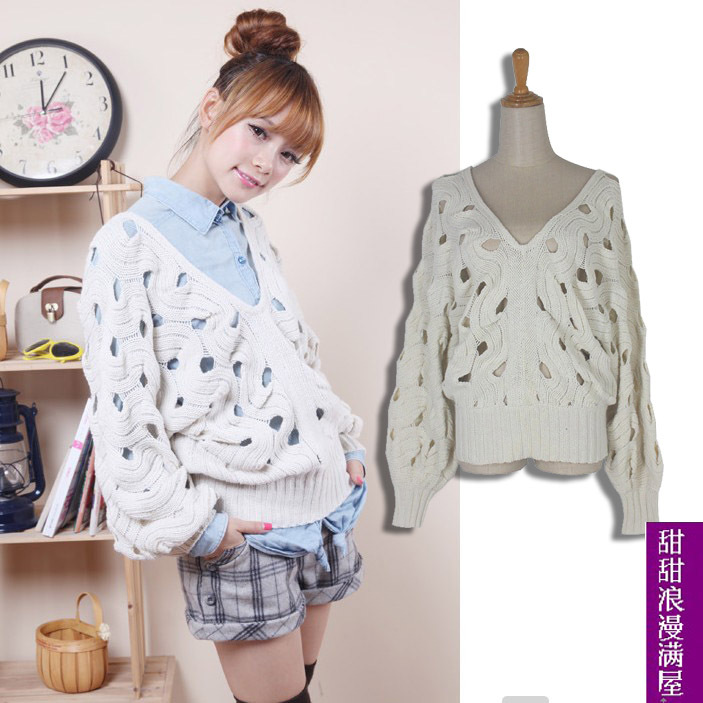 2013 autumn and winter women fashion all-match h0166 before and after the V-neck cutout puff sleeve sweater outerwear