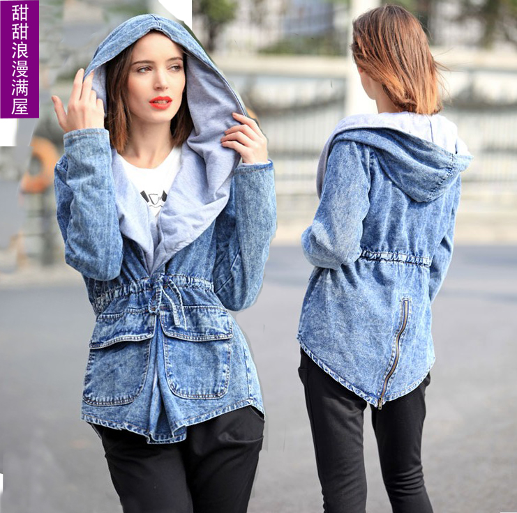 2013 autumn and winter women fashion d3331 real pictures with thickening model with a hood blue denim trench outerwear