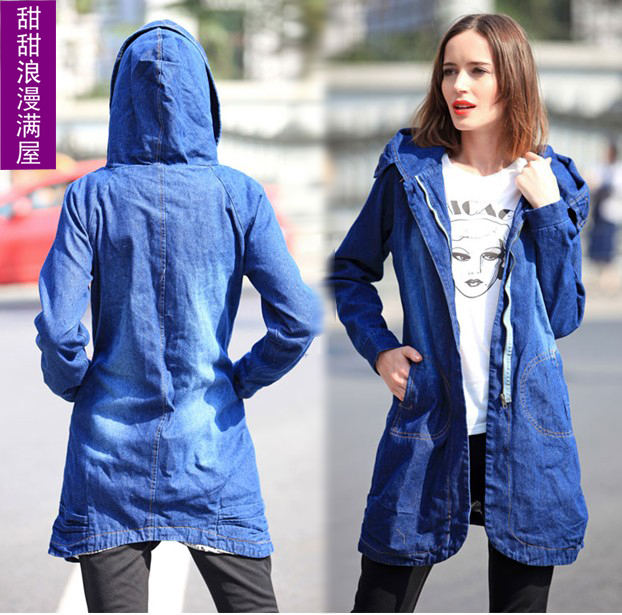 2013 autumn and winter women fashion d9101 real pictures model with high quality with a hood blue denim trench outerwear
