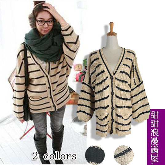 2013 autumn and winter women h2309 preppy style single breasted V-neck stripe cardigan outerwear